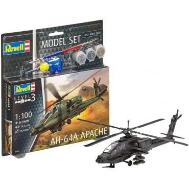 KIT PARA MONTAR REVELL MODEL SET HELICÓPTERO AH-64A APACHE 1/100 56 PEÇAS COMPLETO COM TINTAS COLA E PINCEL REV 64985